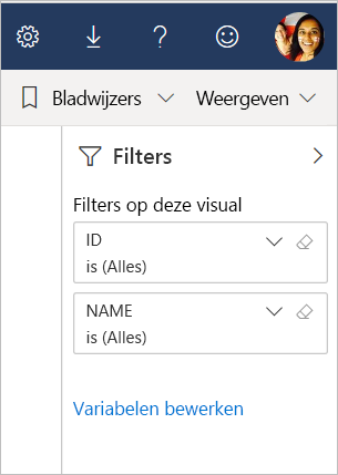 Schermopname van de koppeling Variabelen bewerken in het deelvenster Filter.