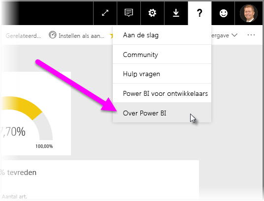 Schermopname van het vraagteken waar u de locatie van uw Power BI-tenant kunt bepalen.