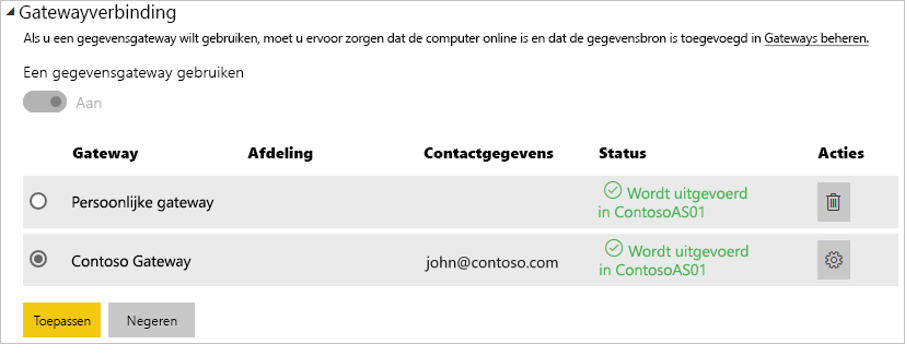 Schermopname van het selecteren van de on-premises gateway die moet worden gebruikt voor geplande vernieuwing.