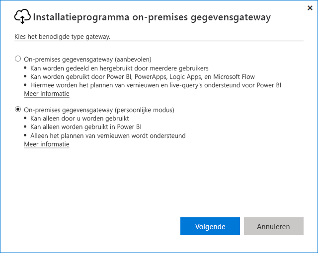 Schermopname van het selecteren van de on-premises gegevensgateway (persoonlijke modus).