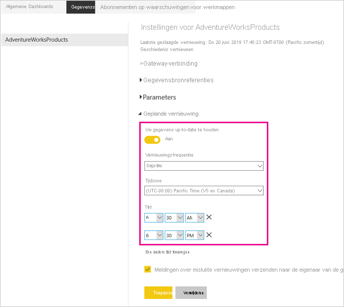 Schermopname van het configureren van geplande vernieuwing.