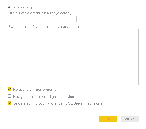 Schermopname van geavanceerde opties voor SQL Server