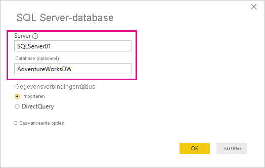 Schermopname van het dialoogvenster SQL Server-database.