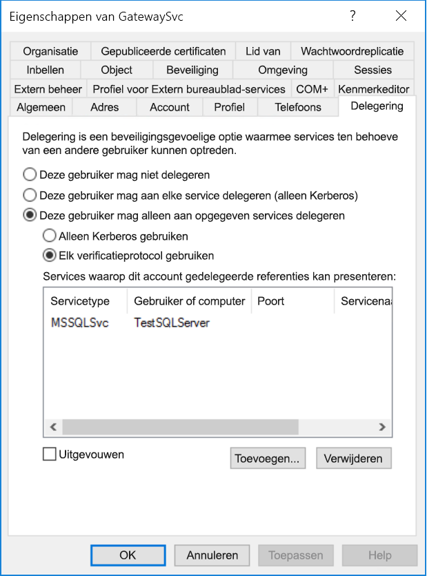 Dialoogvenster Eigenschappen van gateway Verbinding maken or