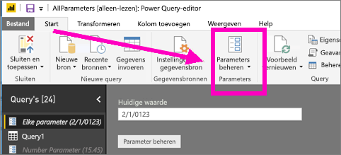 Screenshot of Power Query Editor Home tab showing Manage Parameters option in Power BI Desktop.