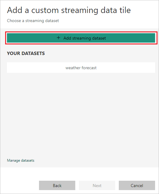 Schermopname van het dashboard met de koppeling Streaming-semantisch model toevoegen in de tegel Een aangepaste streaminggegevens toevoegen.