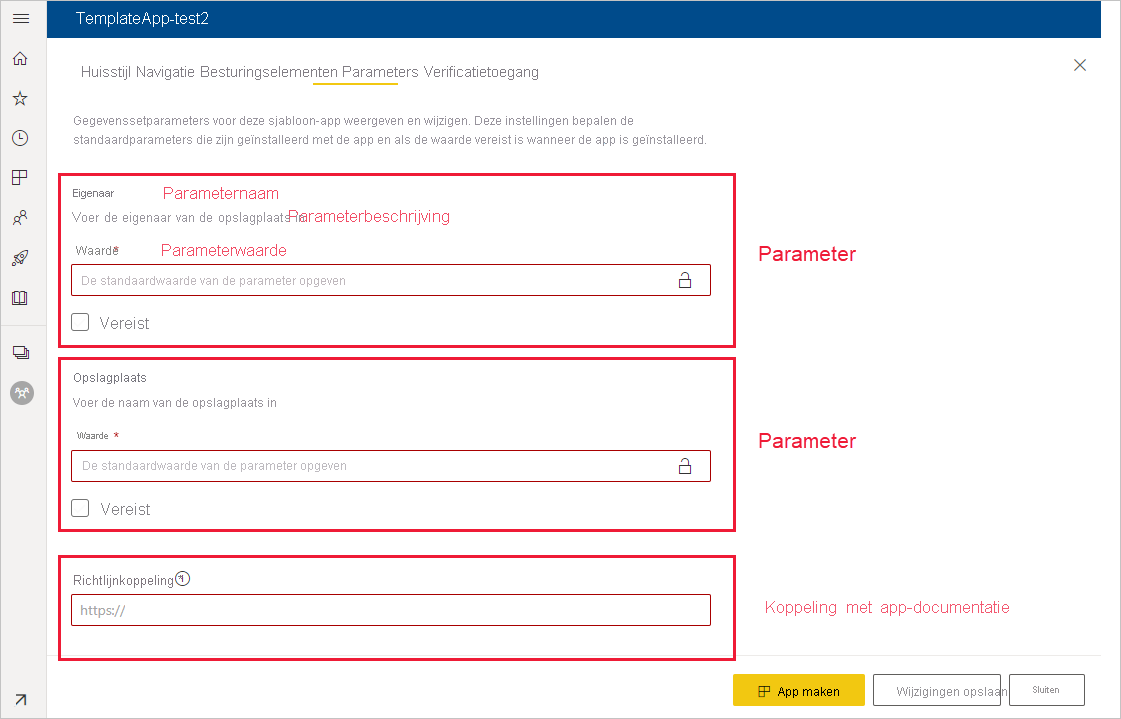 Schermopname van het tabblad Parameters.