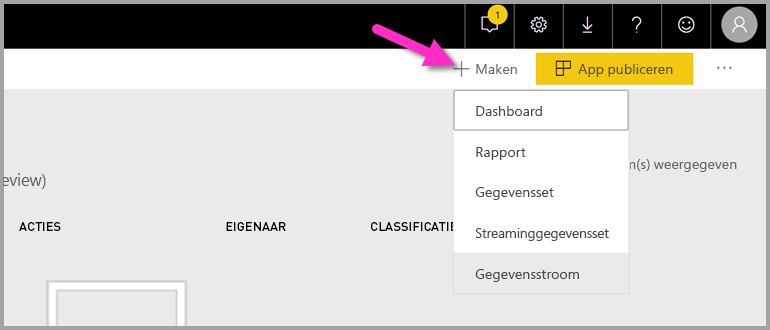 Screenshot shows the Power BI workspace with Create, then Dashboard, selected.