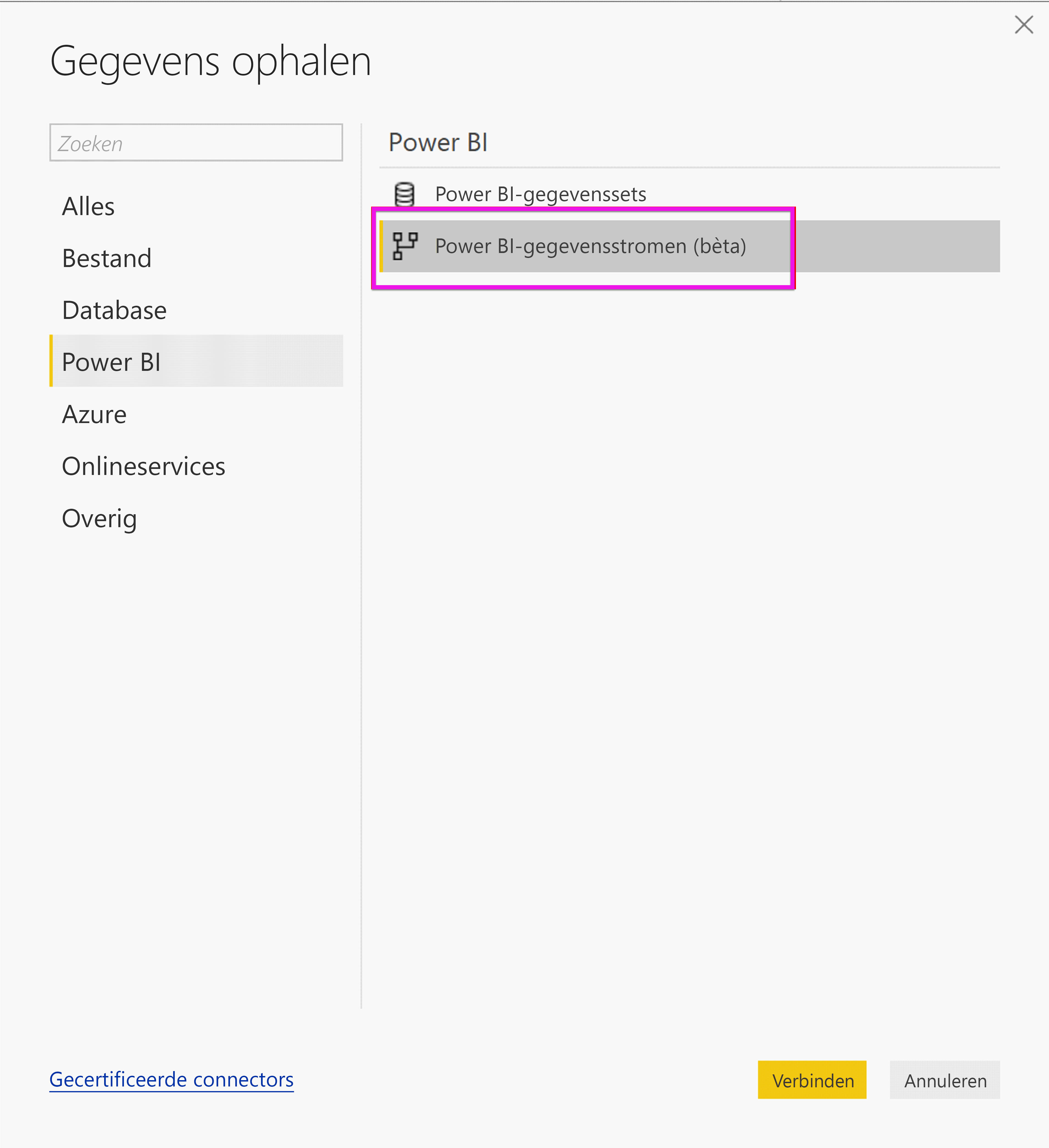 Screenshot shows the Get Data pane with Power BI dataflows selected.