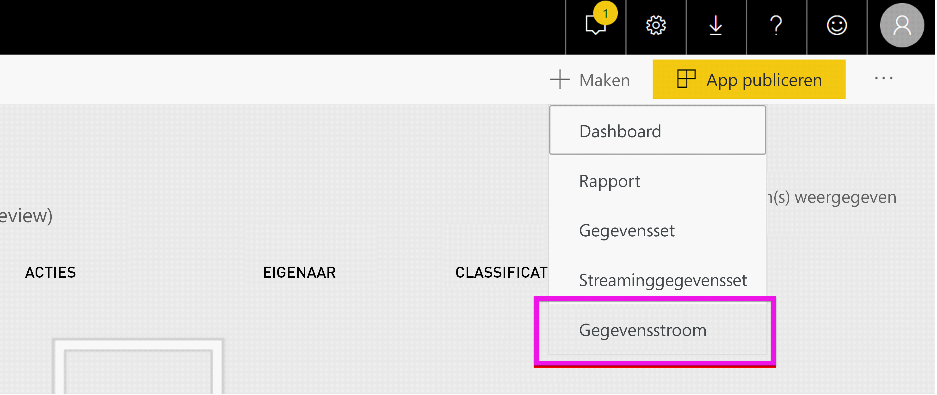 Screenshot shows the Power BI workspace with Create, then Dataflow, selected.