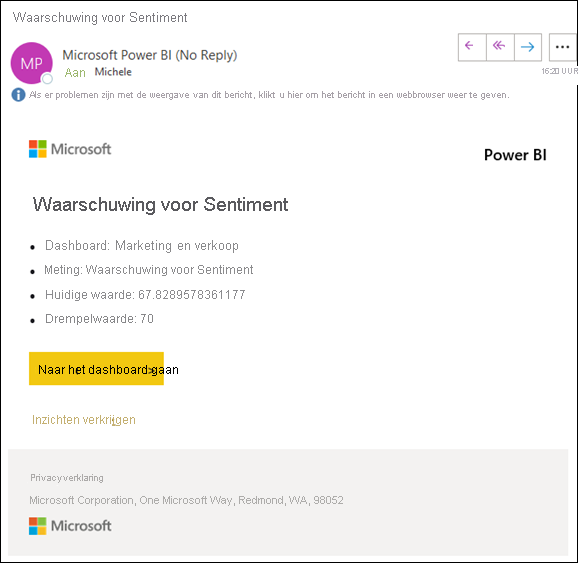 Schermopname van een e-mailbericht voor de waarschuwing voor sentimentwaarschuwing. Een koppeling in het bericht heeft het label Ga naar dashboard.