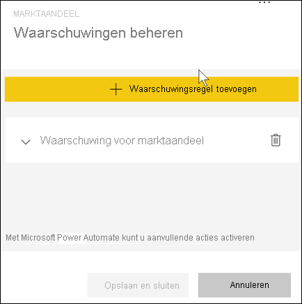 Schermopname van het venster voor het beheren van waarschuwingen, waarbij de waarschuwing voor marktaandeel zichtbaar is.