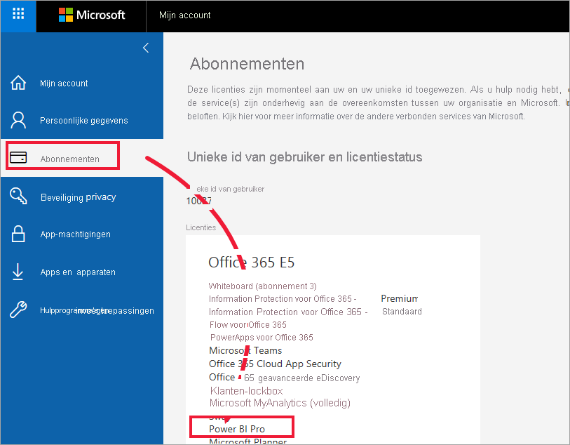 Tabblad Abonnementen van Office-portal met Office 365 E5-abonnement