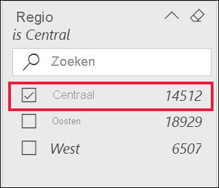 Schermopname van het uitgevouwen regiofilter en de optie Centraal geselecteerd.