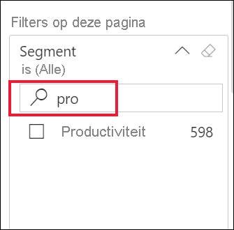 Schermopname van een uitgevouwen filter met het zoekvak geselecteerd.