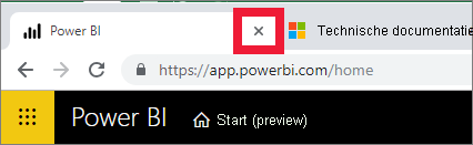 Een schermopname van de x op het browsertabblad om Power BI te sluiten.