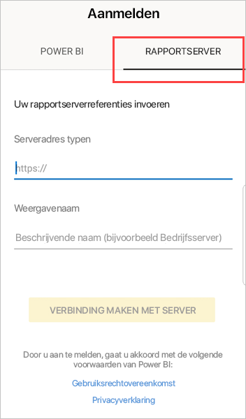 Schermopname van het dialoogvenster Aanmelden met Rapportserver gemarkeerd.