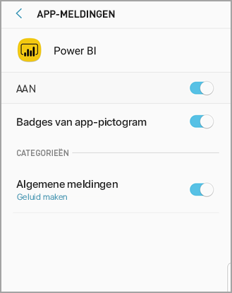 Screenshot shows an Android phone screen titled Power B I where you can allow and manage notifications.