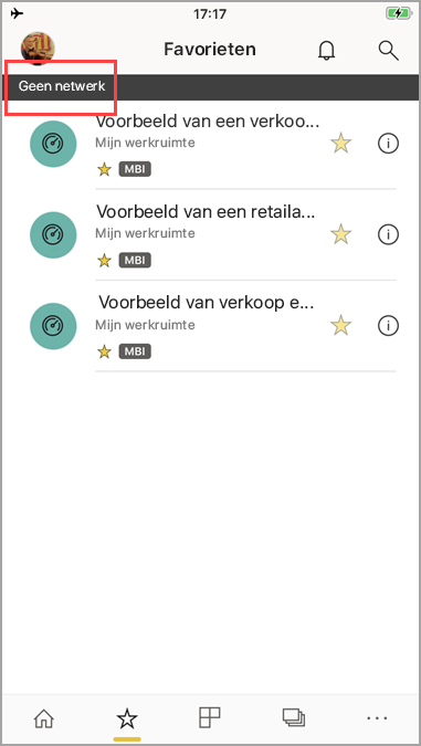 Schermopname van de mobiele Power BI-app met het bericht 'Geen netwerk'.