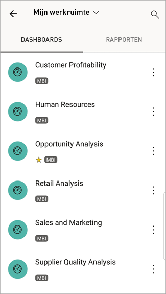 Schermopname van een Android-telefoonscherm met Mijn werkruimte met DASHBOARDS geselecteerd.