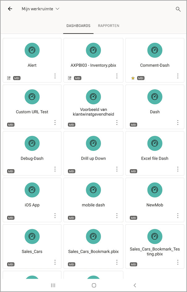 Schermopname van een Android-tabletscherm met Mijn werkruimte met DASHBOARDS geselecteerd.