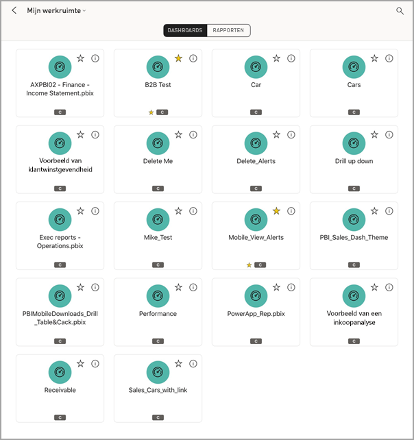 Schermopname van een iPad-scherm met Mijn werkruimte met DASHBOARDS geselecteerd.