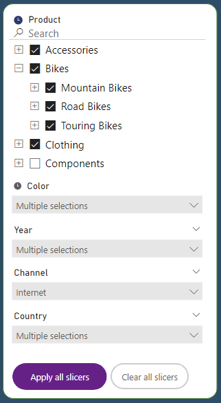 Schermopname van de knop Alle slicers toepassen in Power BI.