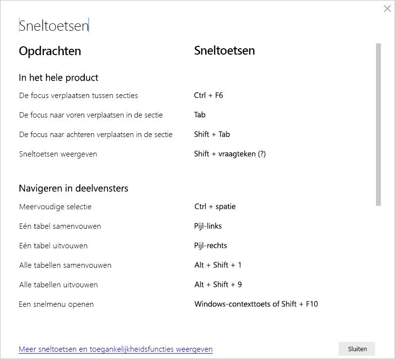 Schermopname van de sneltoetsen in Power BI Desktop.