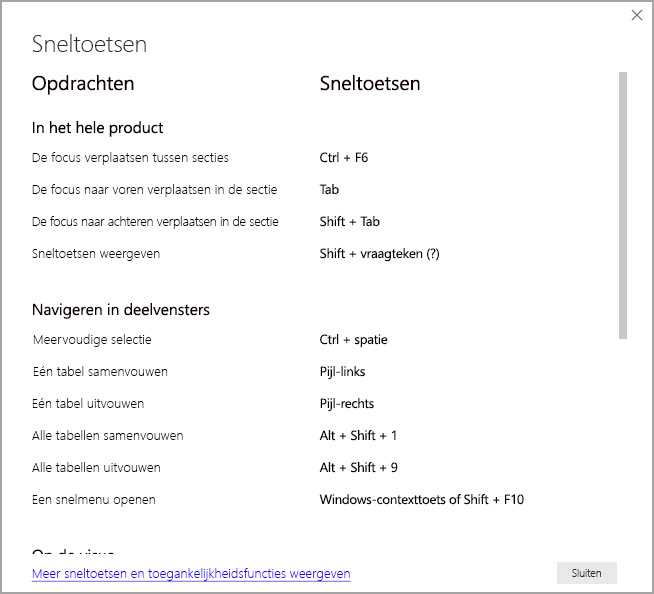 Schermopname van het dialoogvenster sneltoetsen.