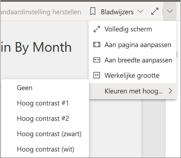 Schermopname van de Power BI-service in de bewerkingsmodus, waarbij weergave en kleuren met hoog contrast worden gemarkeerd.