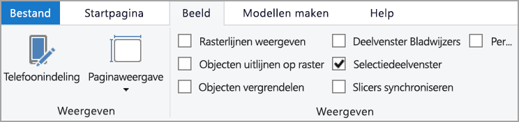 Schermopname van het tabblad Weergave op het lint, waarbij Selectie wordt gemarkeerd.