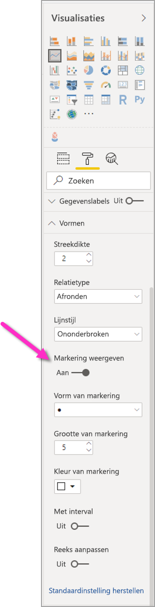 Schermopname van het deelvenster Visualisaties met markeringen ingeschakeld.