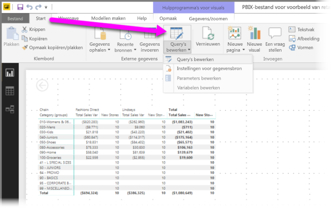 Schermopname van Power BI Desktop met Gegevens transformeren gemarkeerd.