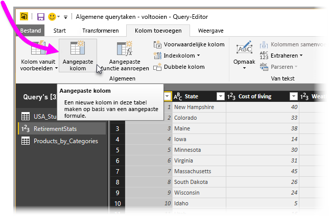 Schermopname van de Power Query-editor met Aangepaste kolom gemarkeerd.