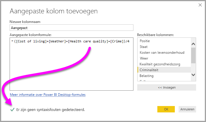 Schermopname van het dialoogvenster Aangepaste kolom, waarbij er geen syntaxisfouten zijn gedetecteerd en een vinkje.