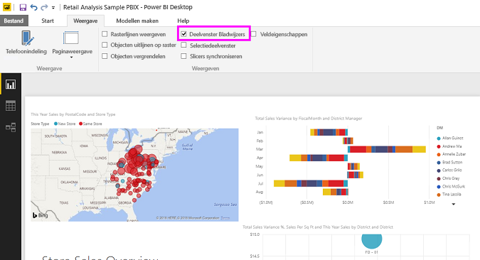 Schermopname van het inschakelen van het deelvenster Bladwijzers in Power BI Desktop.