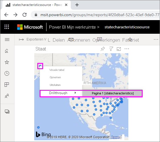 Schermopname met de optie Drillthrough voor meerdere rapporten in Power BI.