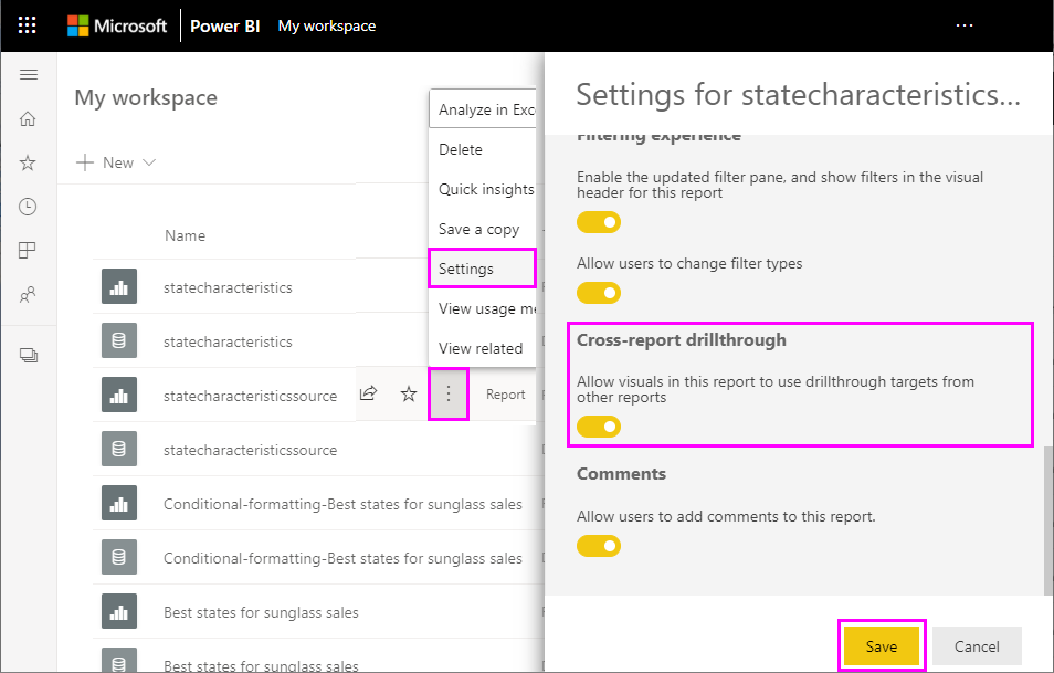 Schermopname van het inschakelen van drillthrough voor meerdere rapporten in de Power BI-service.