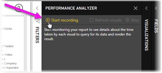 Schermopname van Performance Analyzer, waarin de opname starten is gemarkeerd.