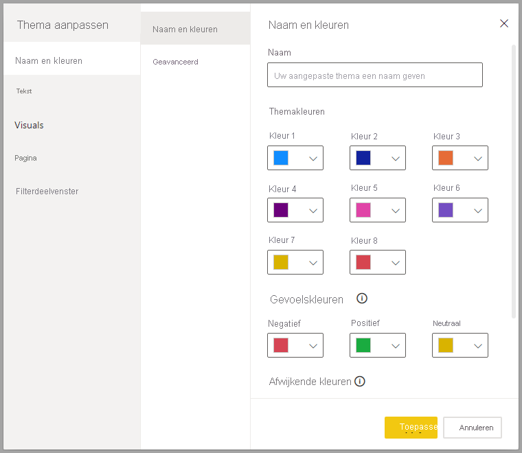 Schermopname van het dialoogvenster Thema aanpassen.