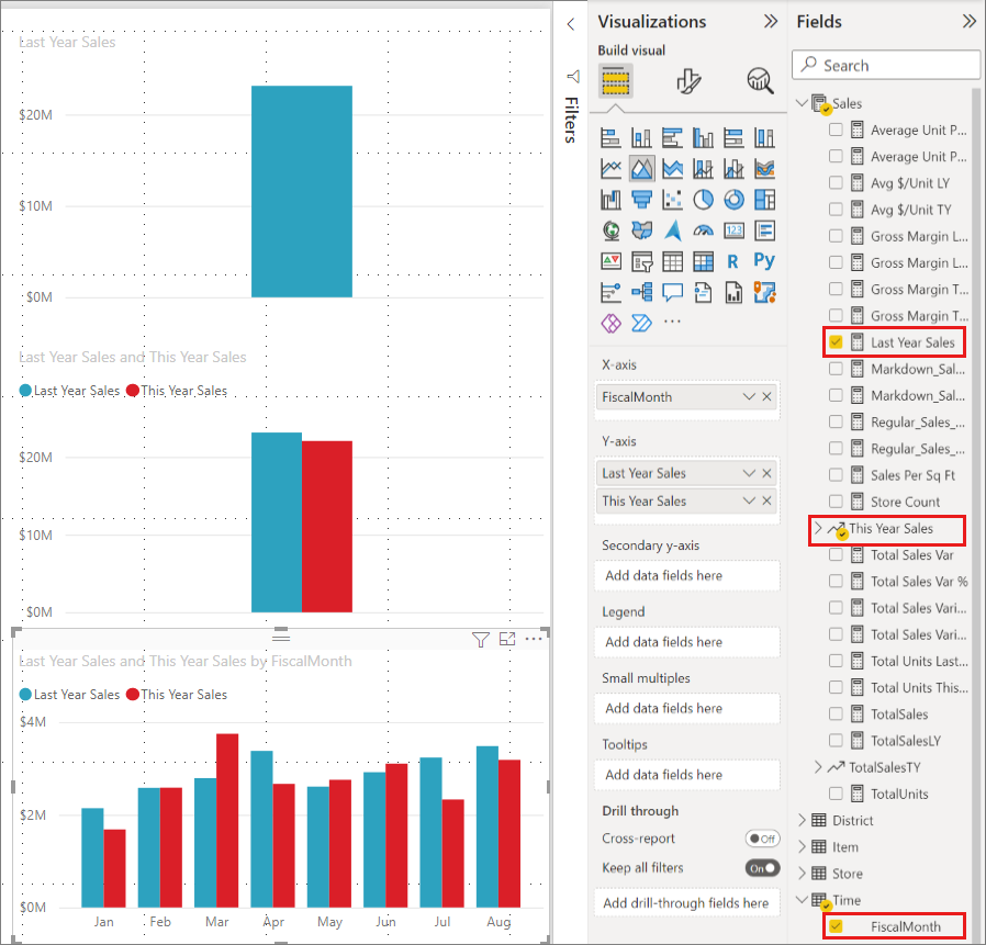 Screenshot showing how to add a visual by dragging from the Fields pane.