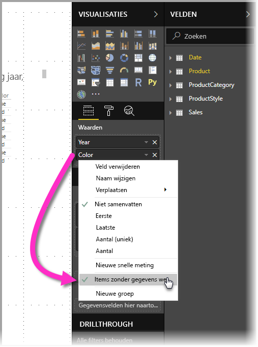 Schermopname van het menu Visualisaties, waarbij items zonder gegevens worden gemarkeerd in het vervolgkeuzemenu X-as.