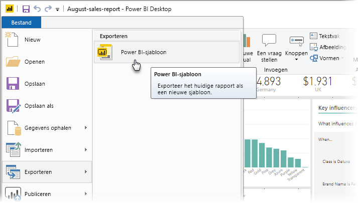 Schermopname van Power BI Desktop, met exportopties.