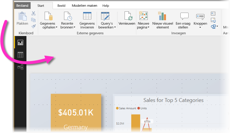 Schermopname van Power BI Desktop, waarin het achtergrondgebied wordt gemarkeerd.