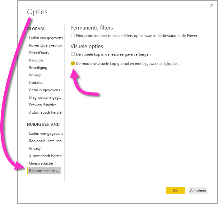 Schermopname van het menu Opties, waarin rapportinstellingen worden gemarkeerd en het selectievakje Moderne visuele koptekst gebruiken met bijgewerkte stijlopties.