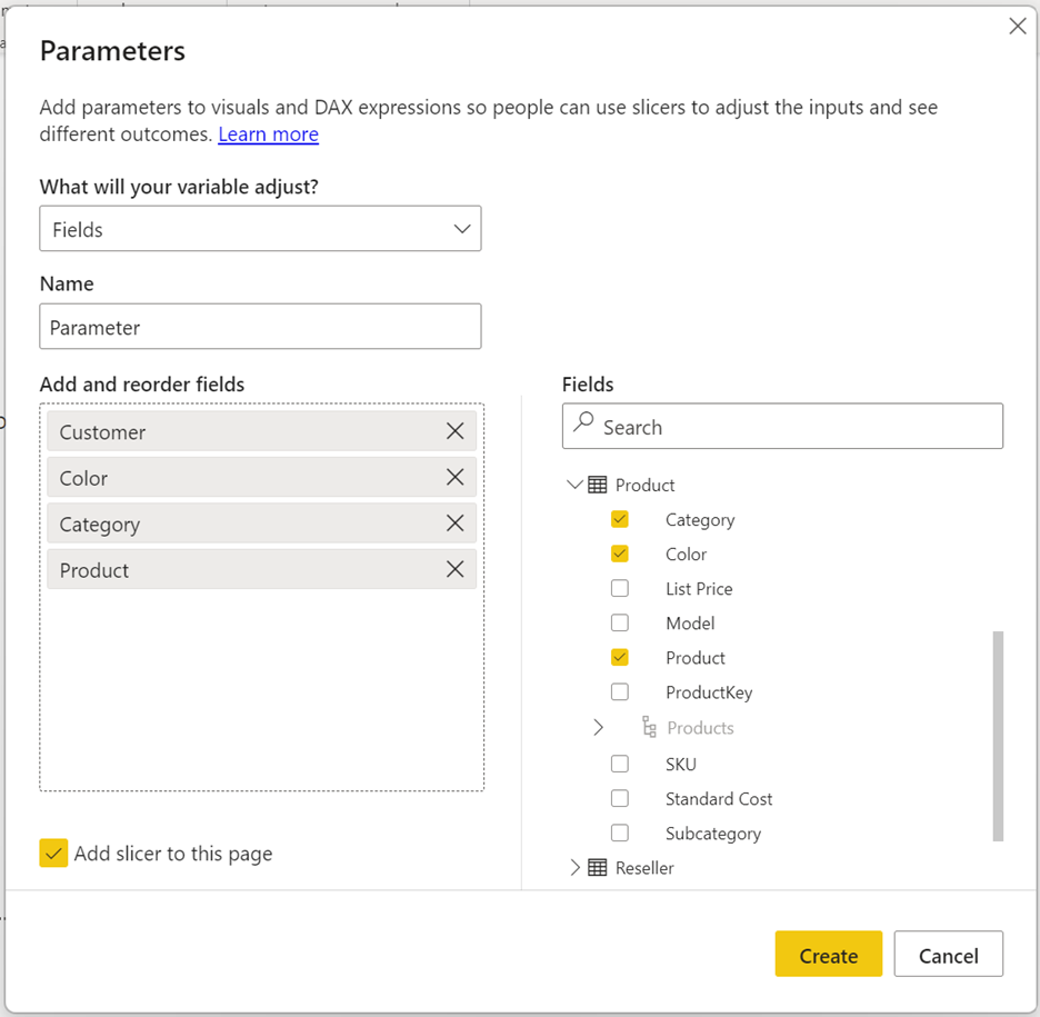 Schermopname van het dialoogvenster Parameters met klant-, kleur-, categorie- en productselecties.