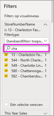 Screenshot of the Filters pane, highlighting an example filter search.