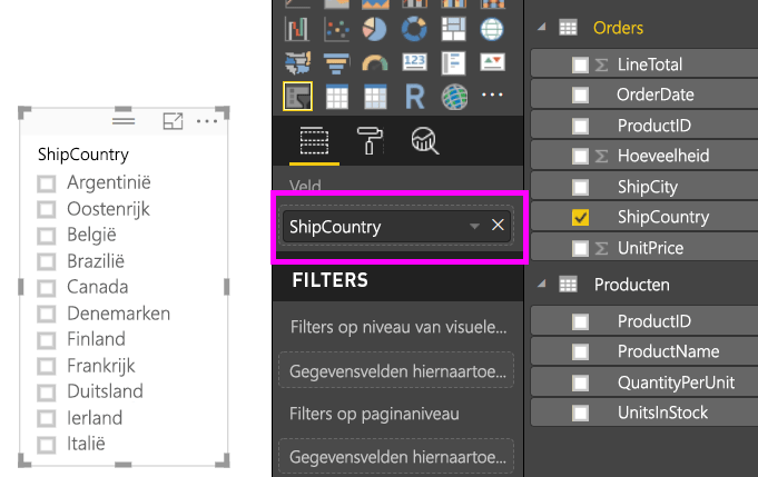 Schermopname van een veld dat is toegevoegd aan de slicer in Power BI Desktop.