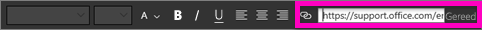 Schermopname van een tekstvak, waarin het hyperlinkveld wordt gemarkeerd.