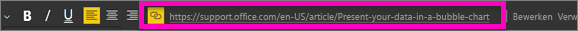 Schermopname van een tekstvak, waarin een URL in het hyperlinkveld wordt gemarkeerd.